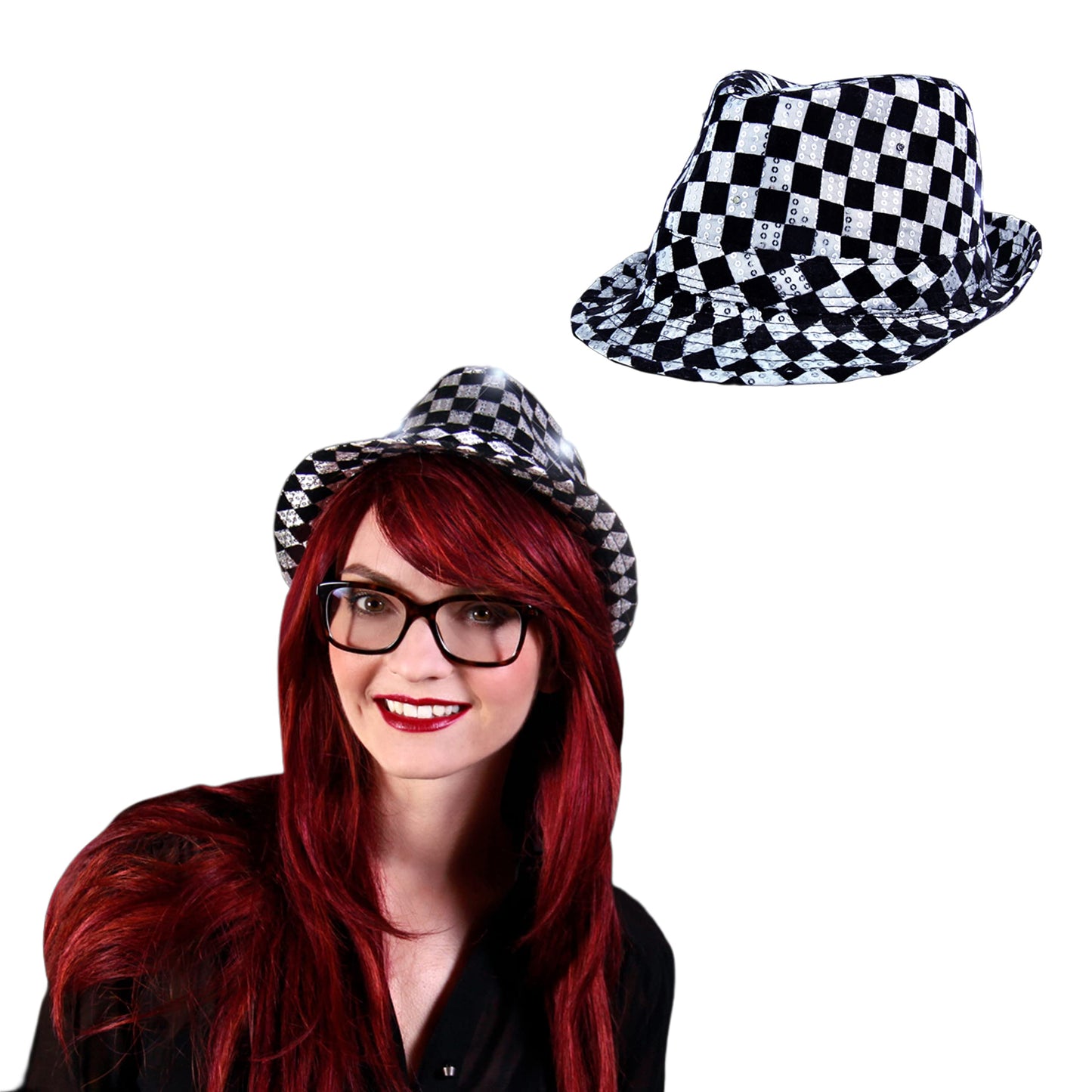 Blinkee Led Flashing Fedora Hat With Checkered Sequins Black And White