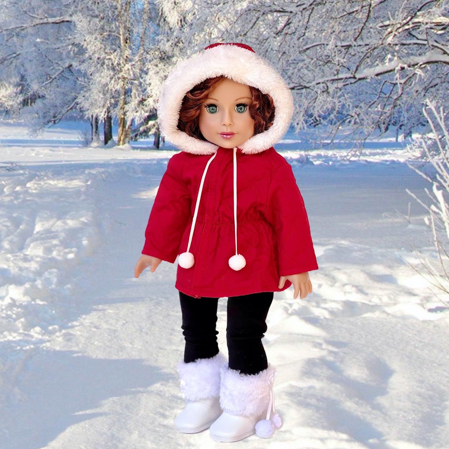 Winter Extravaganza - 3 Piece 18 Inch Doll Outfit - Red Quilted Parka, Black Leggings And White Boots - (Doll Not Included)