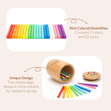 Woodtoe Wooden Montessori Sticks Toys For Kids, 11 Colors Toddler Learning Toys For 1-3 Year Old, Natural Wood Educational Sorti