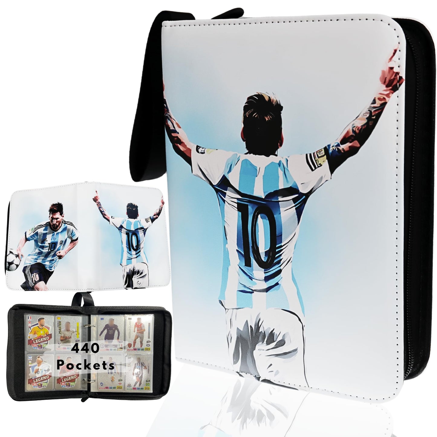 Soccer Card Binder 440 Pockets- Waterproof Trading Card Album with 55 Removable Sleeves Fit - 3 Rings with Zipper -Compatible with Topps Sports Cards Collection