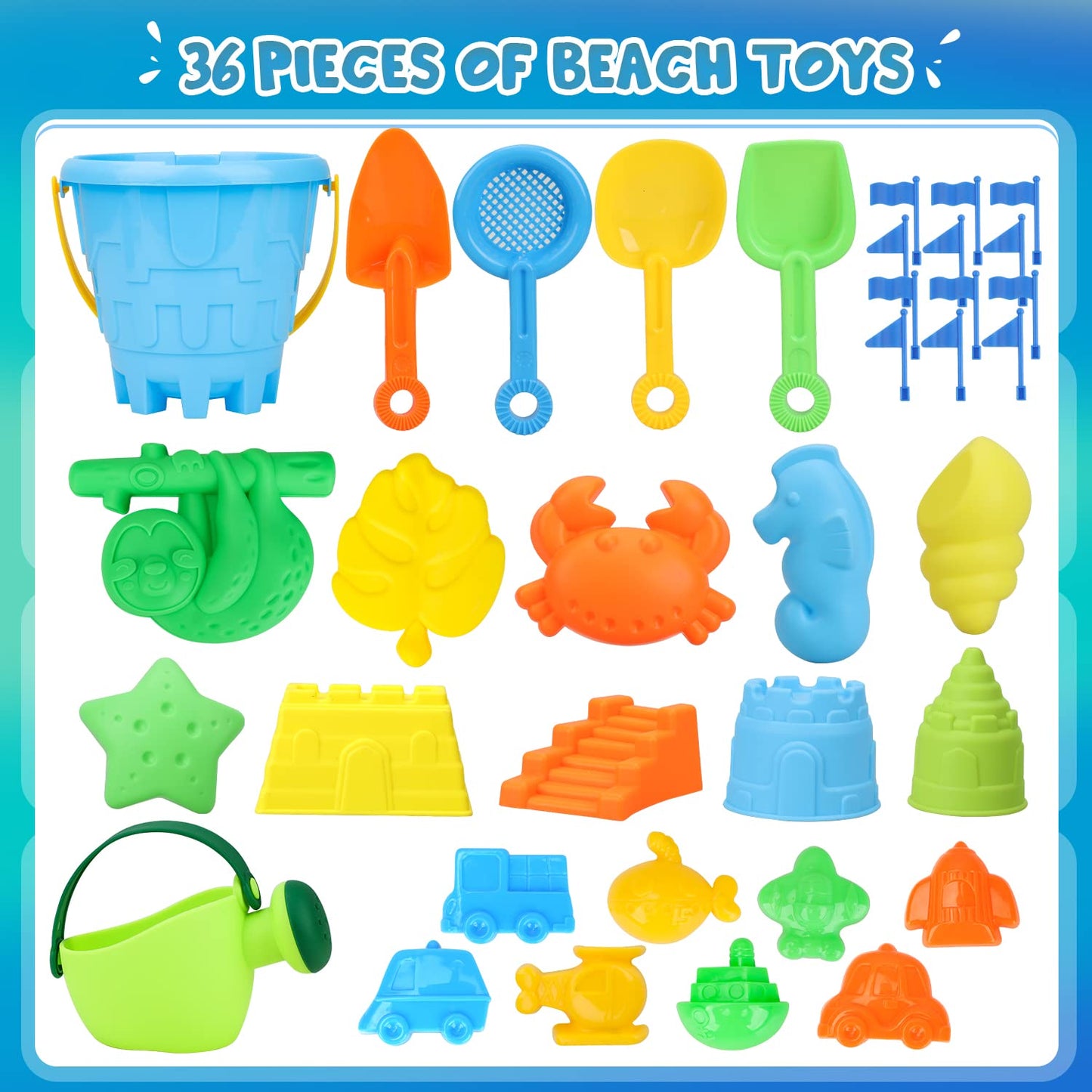 TOY Life 36 Pcs Beach Toys Sand Toys Toddlers with Castle Bucket Shovels & Sand Castle Building Kit Molds, Sandbox Toy Travel, B