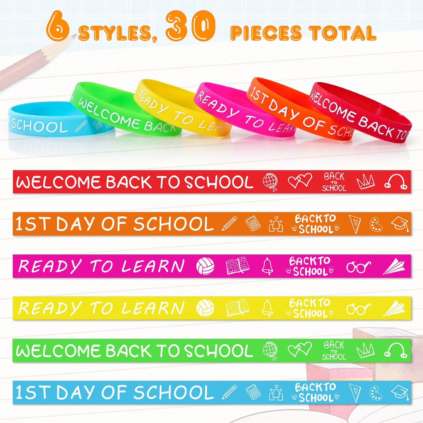 Welcome Back to School Rubber Bracelets 30 PCS First Day of School Bracelet Gifts Silicone Wristbands for Students Kids Party Fa