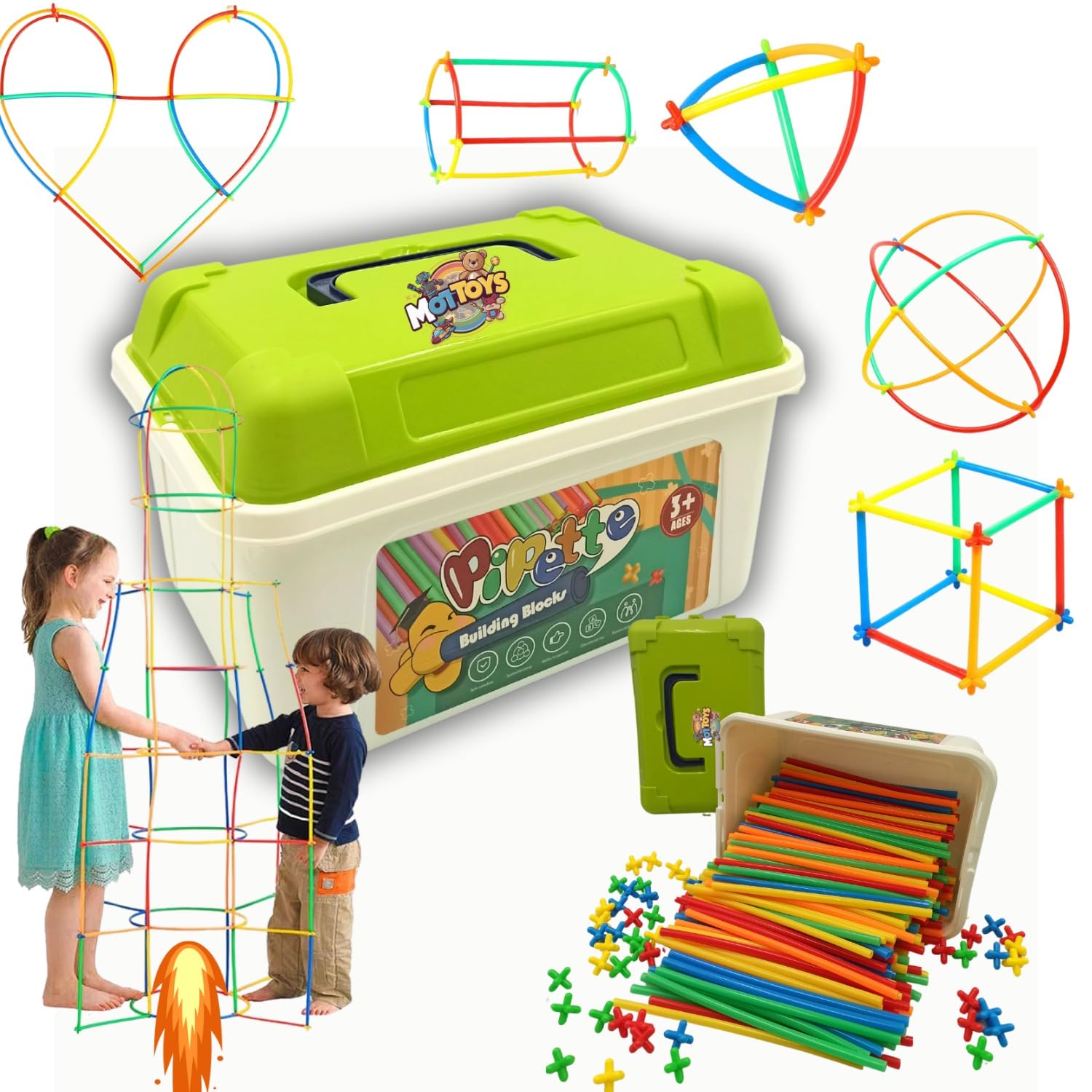 MOTTOYS 500 Pcs Fort Building Kit - 250 Sticks  250 Connectors STEM Constructor - Creative Indoor Buildable Kit for Kids - Outdoor Toy for Ages 4-8 - DIY Interlocking Straw Set