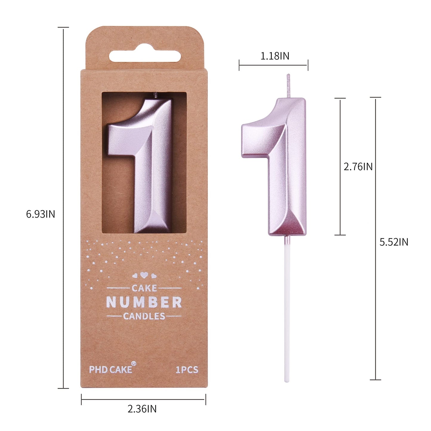 PHD CAKE 2.76 Inch Diamond Rose Gold 1 Number Birthday Candles, Rose Gold Number Candles, Cake Number Candles, Party Celebration
