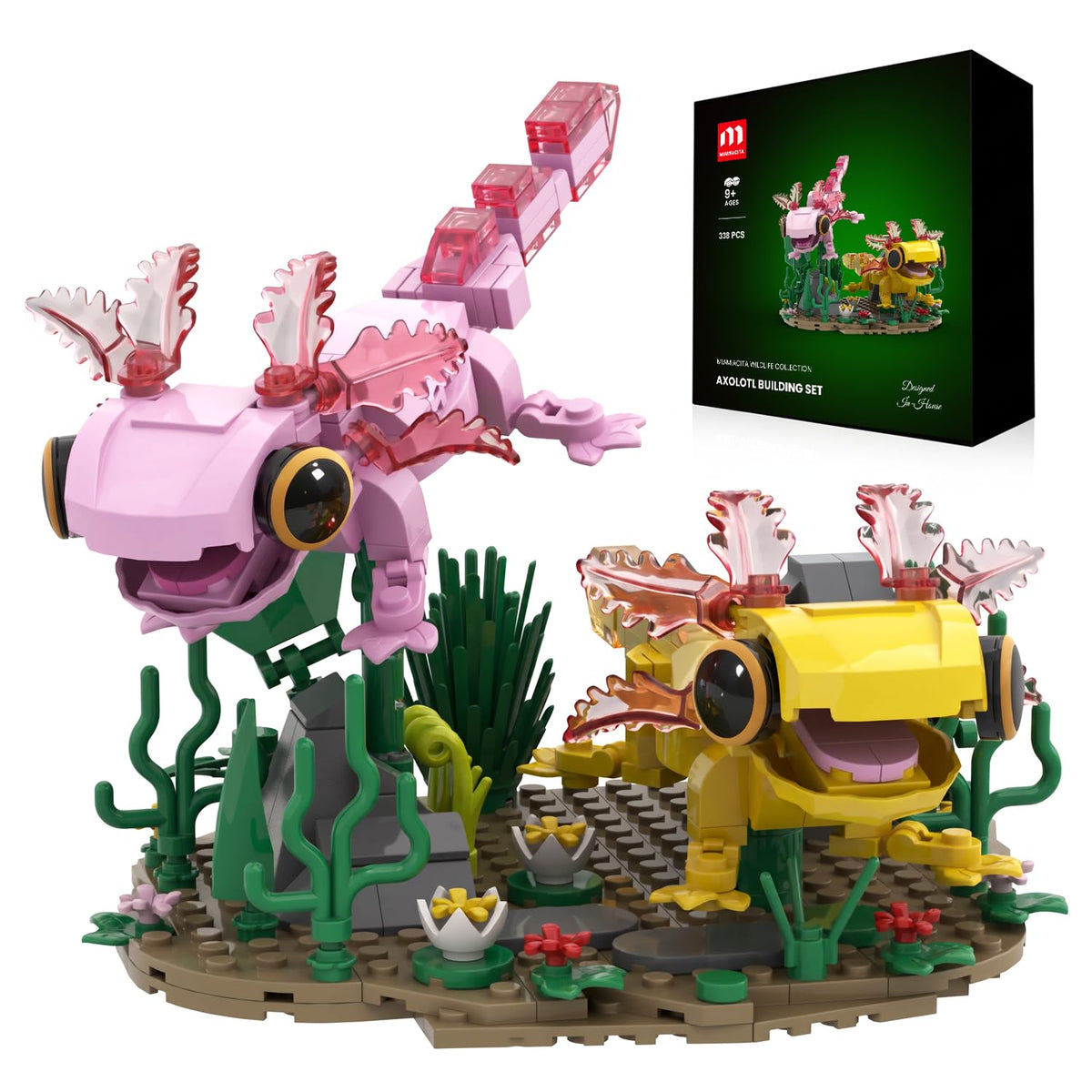 MIAMIACITA Axolotl Building Set, Axolotl Toy with Pink & Yellow Axolotl Figures, Animal Building Kit with Aquatic Plants Display