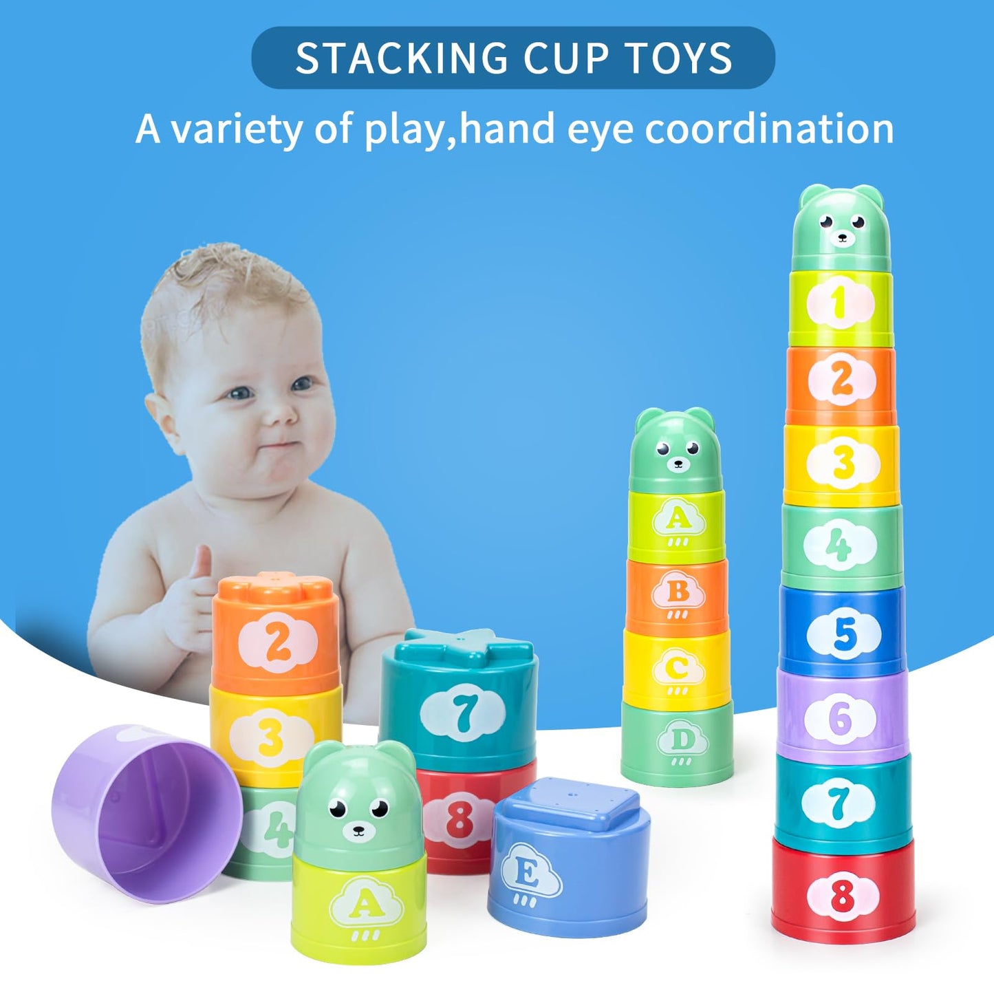 Ynanimery Stacking Cups Toys For Toddlers 1-3, Baby Toys Stacking Cups & Soft Blocks Teething Toys For Babies 6-12 Months Montes