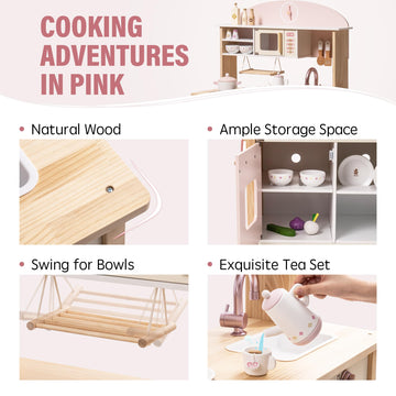 ROBUD Play Kitchen for Kids Toddlers, Wooden Play Kitchen with Realistic Accessories, Toy Kitchen Set with Plenty of Play Featur