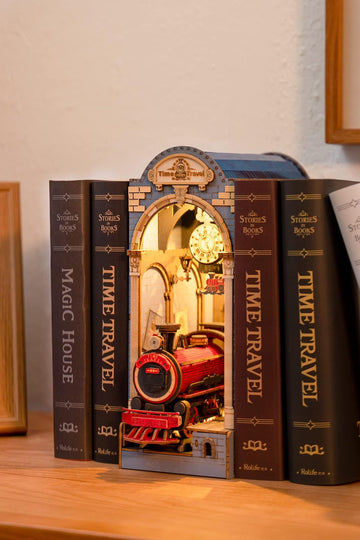 Robotime Diy Book Nook Kit Insert Bookcase Book Stand 3D Wooden Puzzle Diy Miniature House Wood Bookend Book Nook Model Building Kit With Led Light Booknook Decoration (Time Travel)