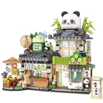 Street View Tea Shop Mini Building Blocks, Moc Creative Building Toys Cute Panda Animals Building Set For Girls 6-12, Simulation