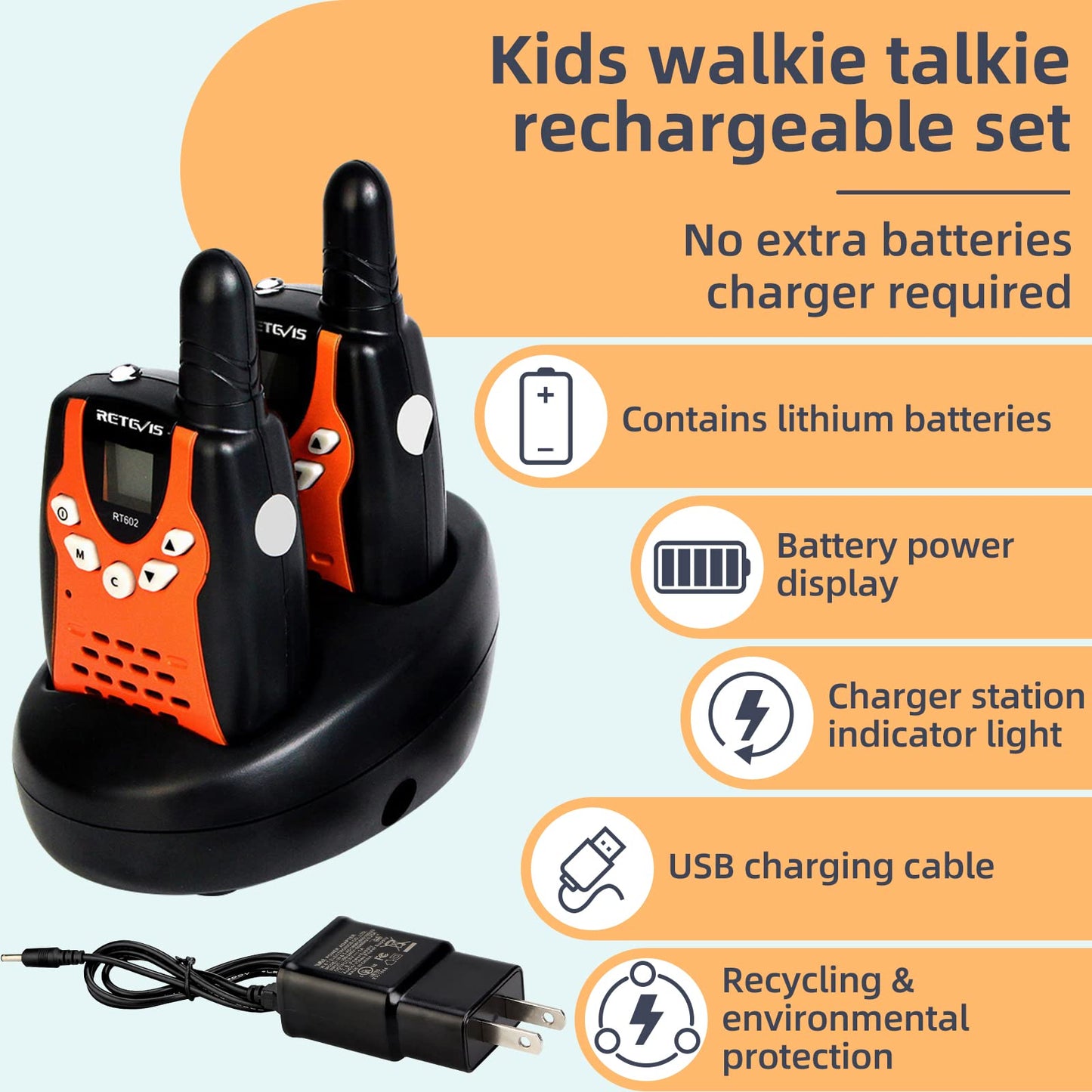 Retevis Rt602 Walkie Talkies For Kids Rechargeable,Kidstoy With Batteries Charger Station,Toy Walkie Talkie Kids Gifts For Boys Girls(1 Pair Orange)