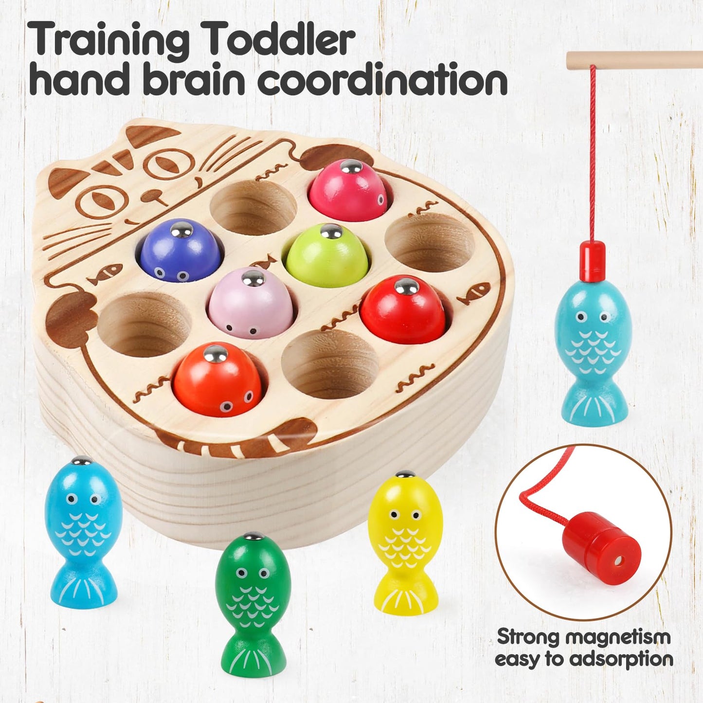 Naodongli Wooden Magnetic Fishing Game For Toddlers 1-3,Montessori Preschool Education Activities Fishing Toys Learning Fine Motor Skills Best Birthday Gift For 3 4 5 Year Old Boys Girls