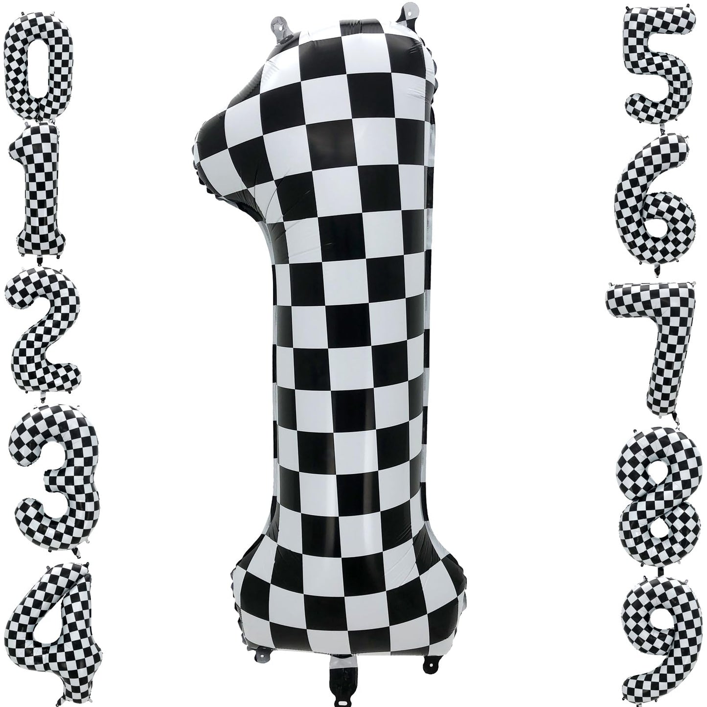 Eoopoon 42 Inch Checkered Number Balloon 1, 1th Race Car Flag Birthday Party Supplies for Boys Girls, Large Black and White Numb