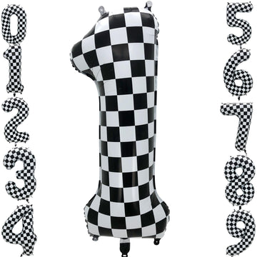 Eoopoon 42 Inch Checkered Number Balloon 1, 1th Race Car Flag Birthday Party Supplies for Boys Girls, Large Black and White Numb