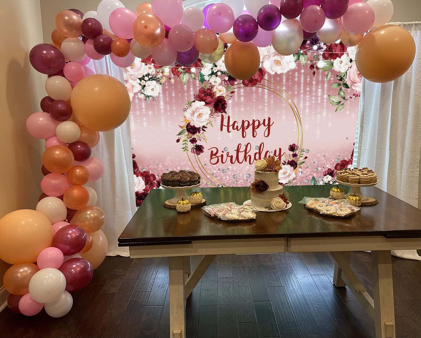 Floral Happy Birthday Backdrop for Women 7x5FT Burgundy Flowers Rose Gold Glitter Bokeh Photography Background Girls Birthday Pa