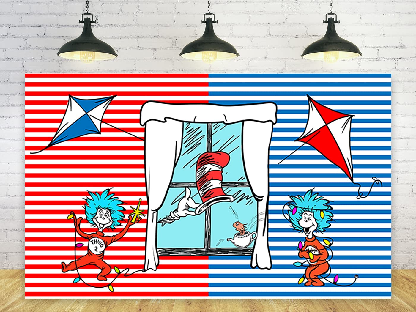 Red and Blue Stripes Backdrop Party Supplies Birthday Theme Photo Background Cat in The Hat Banner for Birthday Party Cake Table
