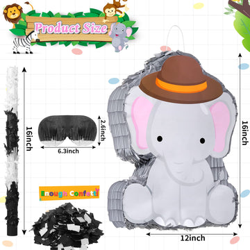Piñata Bundle With A Blindfold And Bat (16 X 12 X 3 Inches), Cute Animal Piñata For Girls Boys Kids Birthday Party Toys Decoration For Animal Theme Birthday Party Game Supplies Photo Prop(Elephant)