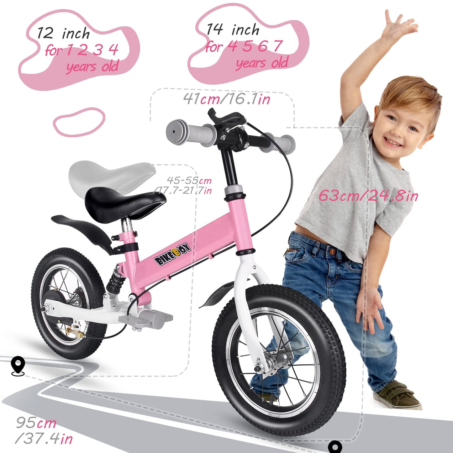 bikeboy Balance Bike 3 in 1,The Dual Use of a Kids Balance Bike and Kids Bike,12 14 Inches for 2-6 Years Old,with Shock Absorber