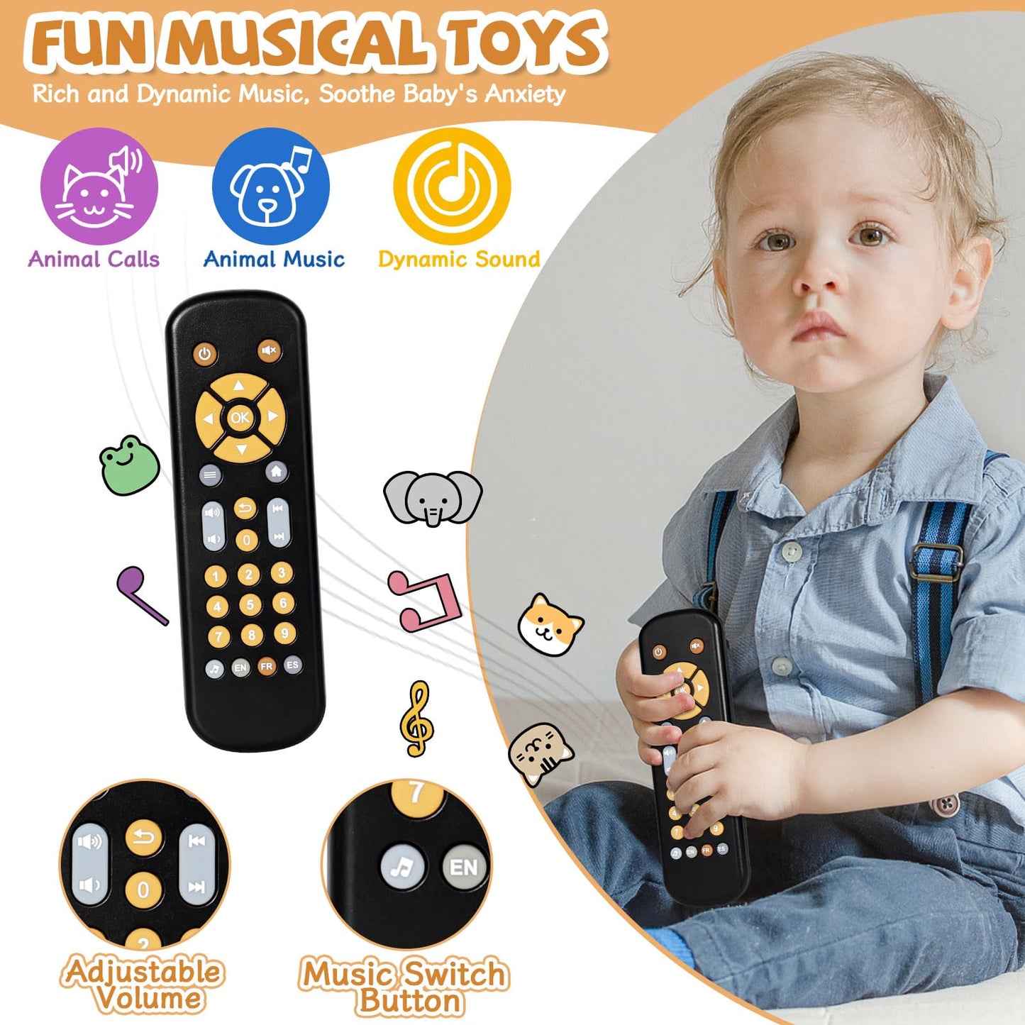 Orzbow Baby Remote Control Toy For 6 Months+ With Music, Tv Remote Toy With Realistic Light And Sound - English, French And Spanish For Infant Play - Bpa Free, Black
