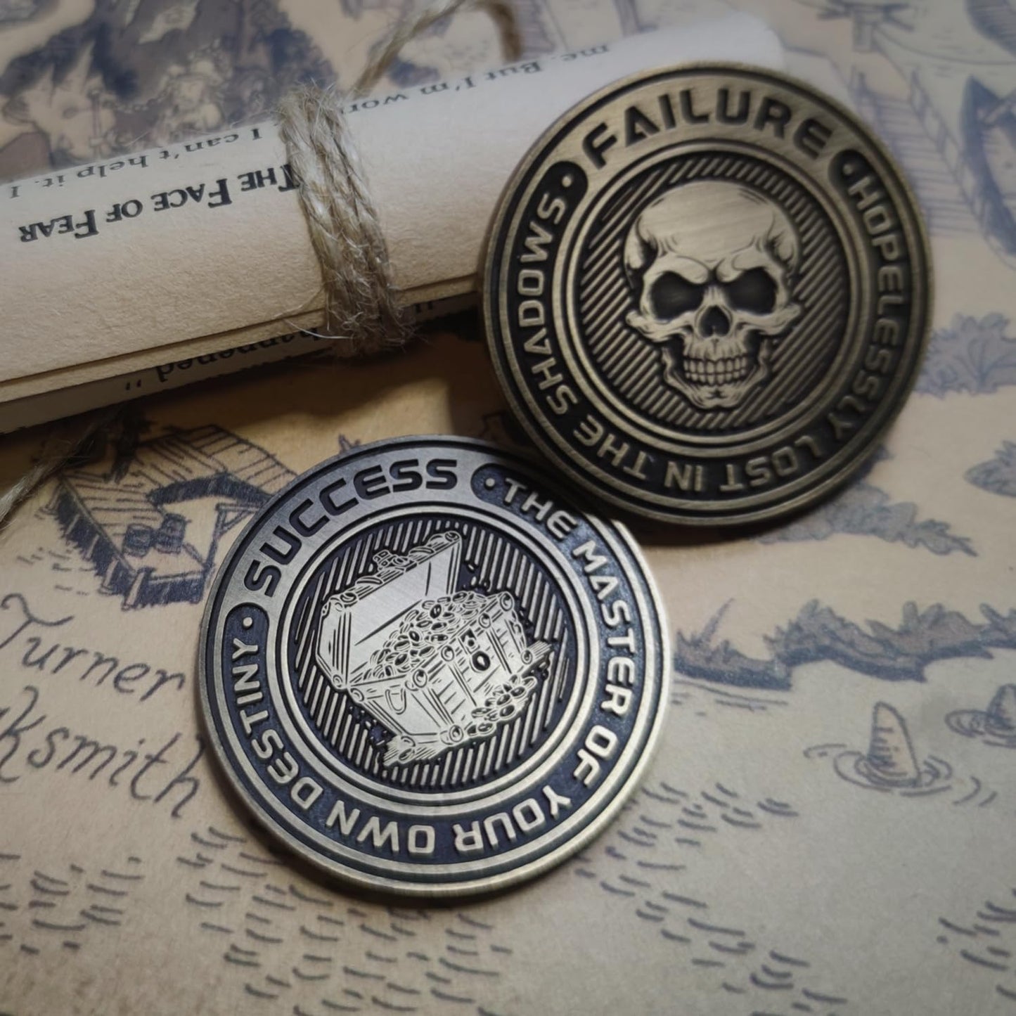 Metal D2 Dice Coin - DND Lucky Coin Retro Dual-Sided with Success and Failure Symbols for TRPG Tabletop Gaming