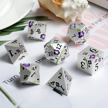Flower Silver Metal Dice, DNDND 7 PCS Heavy Metallic D&D Dice Set with Grogeous Gift Case for Dungeons and Dragon Tabletop Game