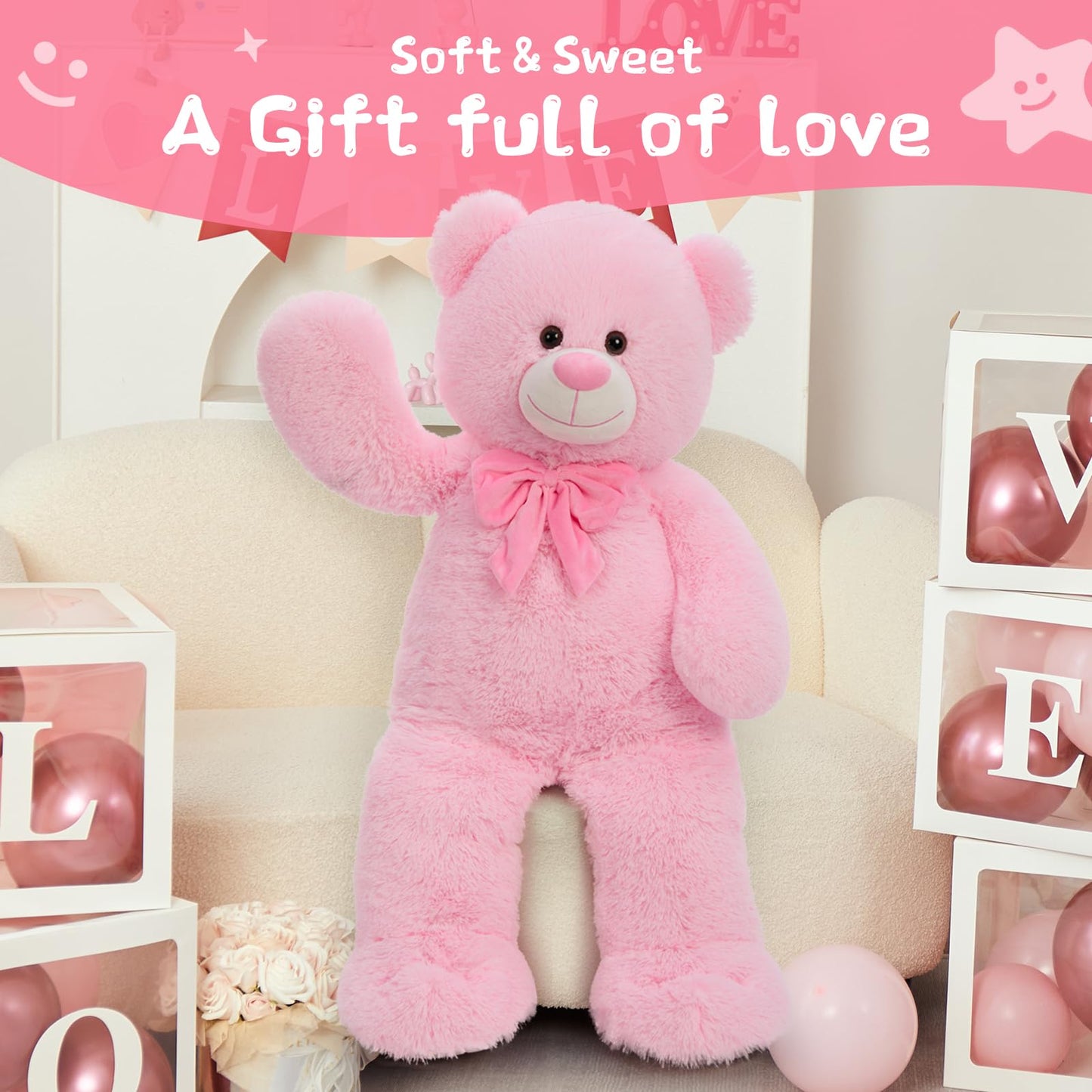 Tezituor Big Pink Teddy Bear Stuffed Animal  36 Giant Plush Bear Toys Baby Shower Decor Christmas Valentines Gifts for Girlfriend Girls Kids