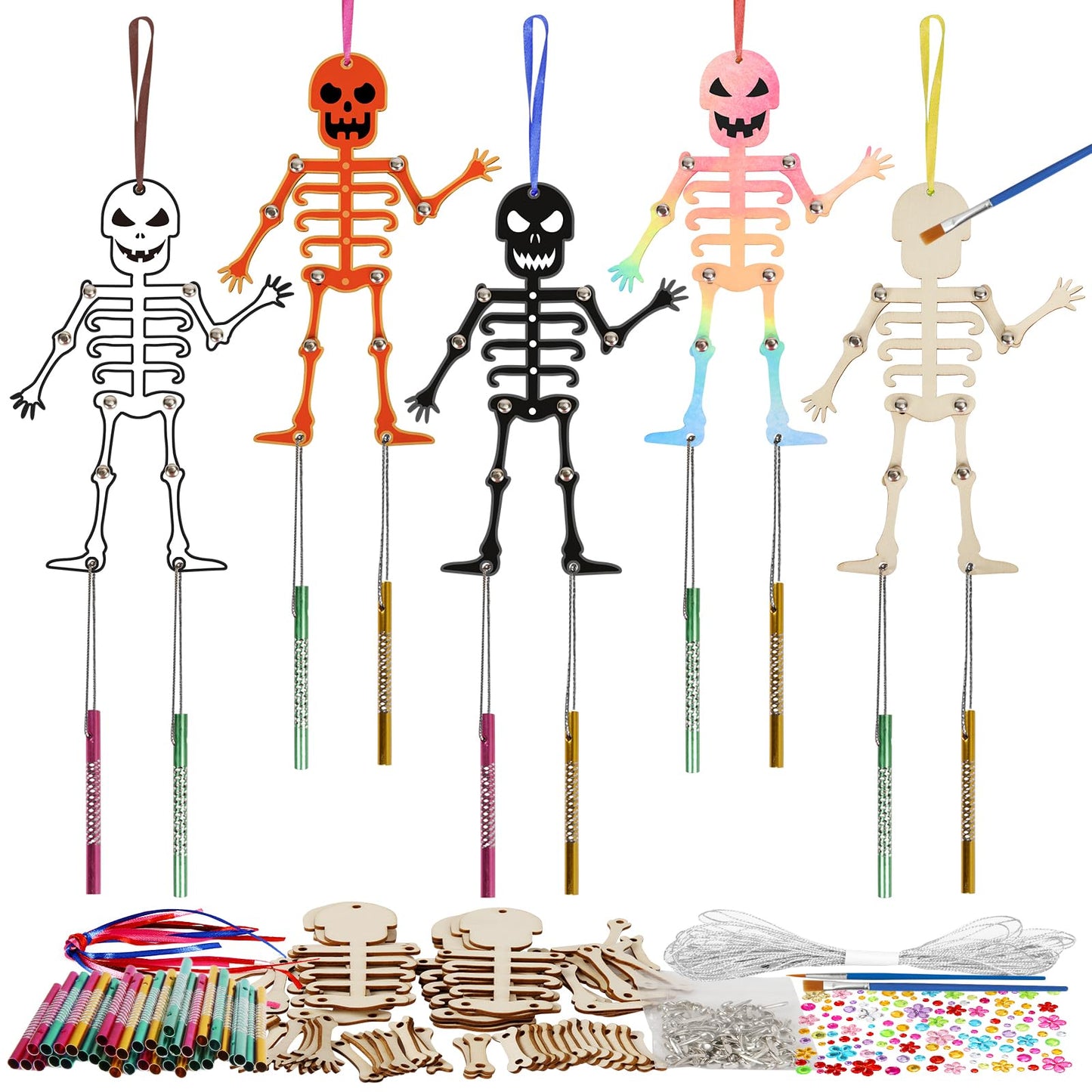 Fennoral 9 Pack Skeleton Wind Chime Kit For Kids Make You Own Skeleton Wind Chime Hanging Ornaments Diy Coloring Wooden Hallowee