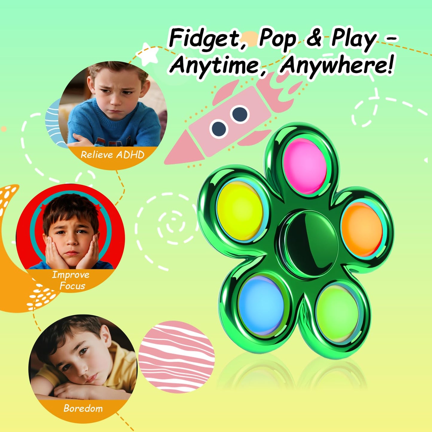 FIGROL Fidget Spinner 3 Pack Pop mature-themed Fidget Toys for mature-themed Anxiety Relief  Spinners for Teen Boys Kid Birthday Gifts Prize Halloween Party Favor & Goodie Bag Fillers(Green)