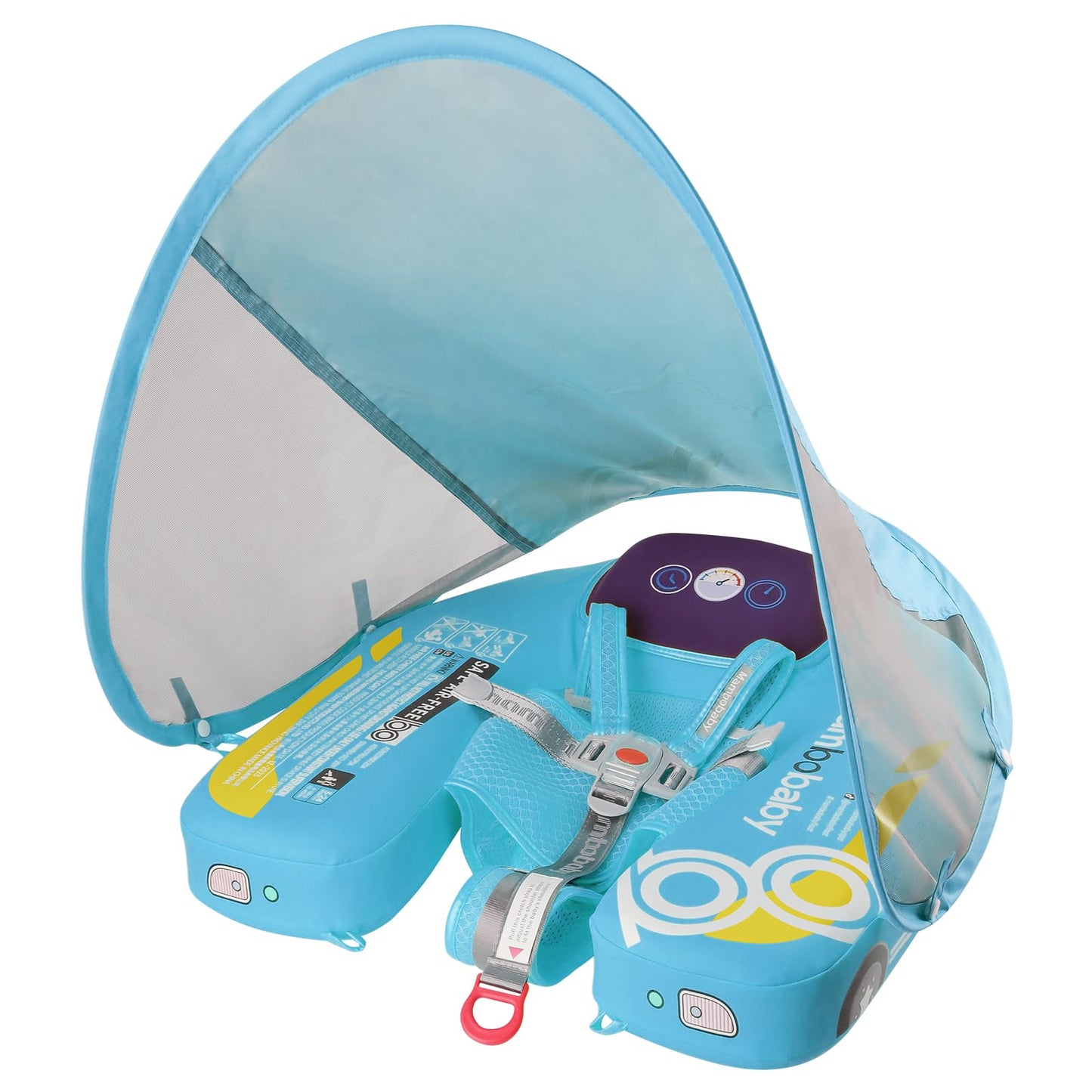 Mambobaby Baby Pool Float with Canopy  Kalolary Non-Inflatable Baby Swim Float Infant Swim Trainer Ring Toddler Pool Float with Adjustable Strap & Tile for 3-24 Months Age Boys Girls (Blue Car)