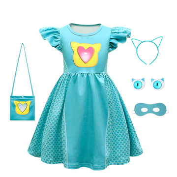 Shelovesit Girls Superhero Cosplay Costume Kitties Dress Movie Character Cat Dress Up Outfits - 140Cm/7T-8T - Blue