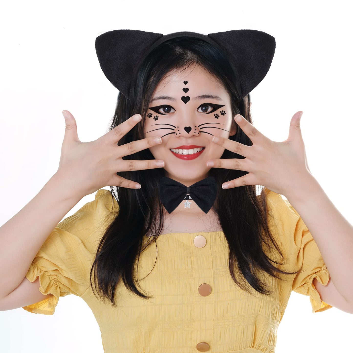 Dxhycc Black Cat Costume Cat Ears Headband Tail Bowtie Tutu And Stickers For Halloween Dress Up Party (Black, 15.7)
