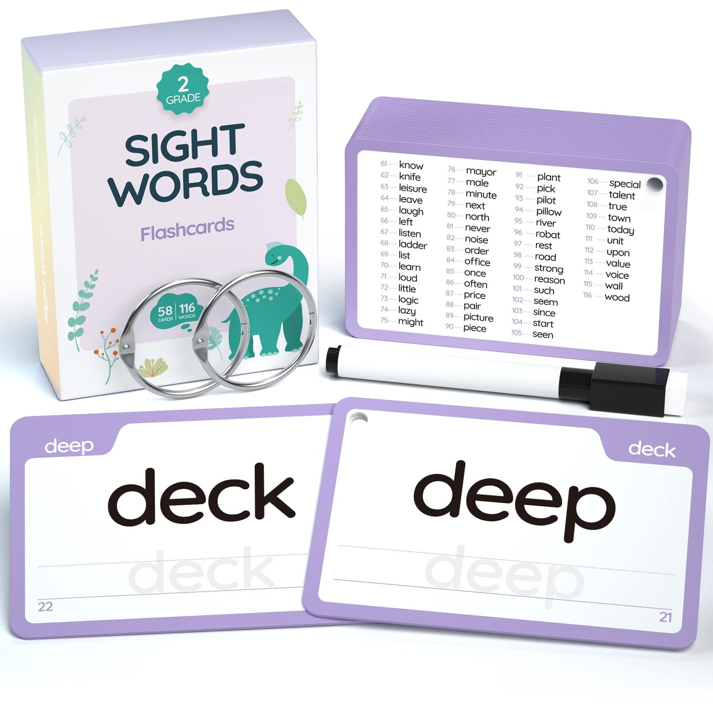 Wjpc 58 Cards, 116Pcs High Frequency Sight Words Flash Cards (Second-Grade), 1St, 2Nd, 3Rd Grade, 6,7,8,9 Years Ages Kids Boys Girls Homeschool Phonics Learning Cards To Read, Write.