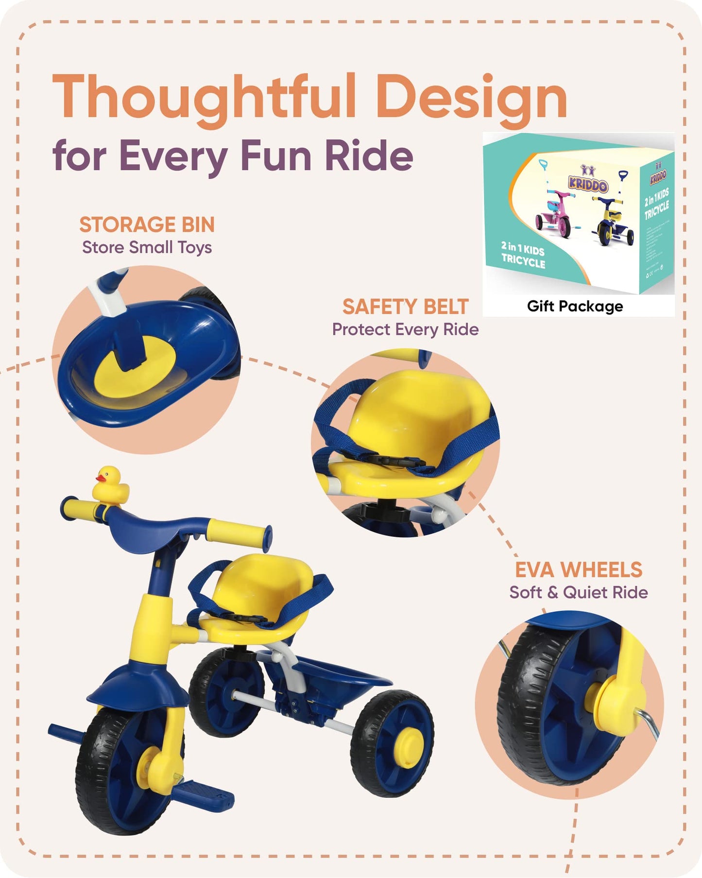 KRIDDO 2 in 1 Kids Tricycle, EVA Wheels, Push Handle, Age 18 Months to 3 Years, Blue