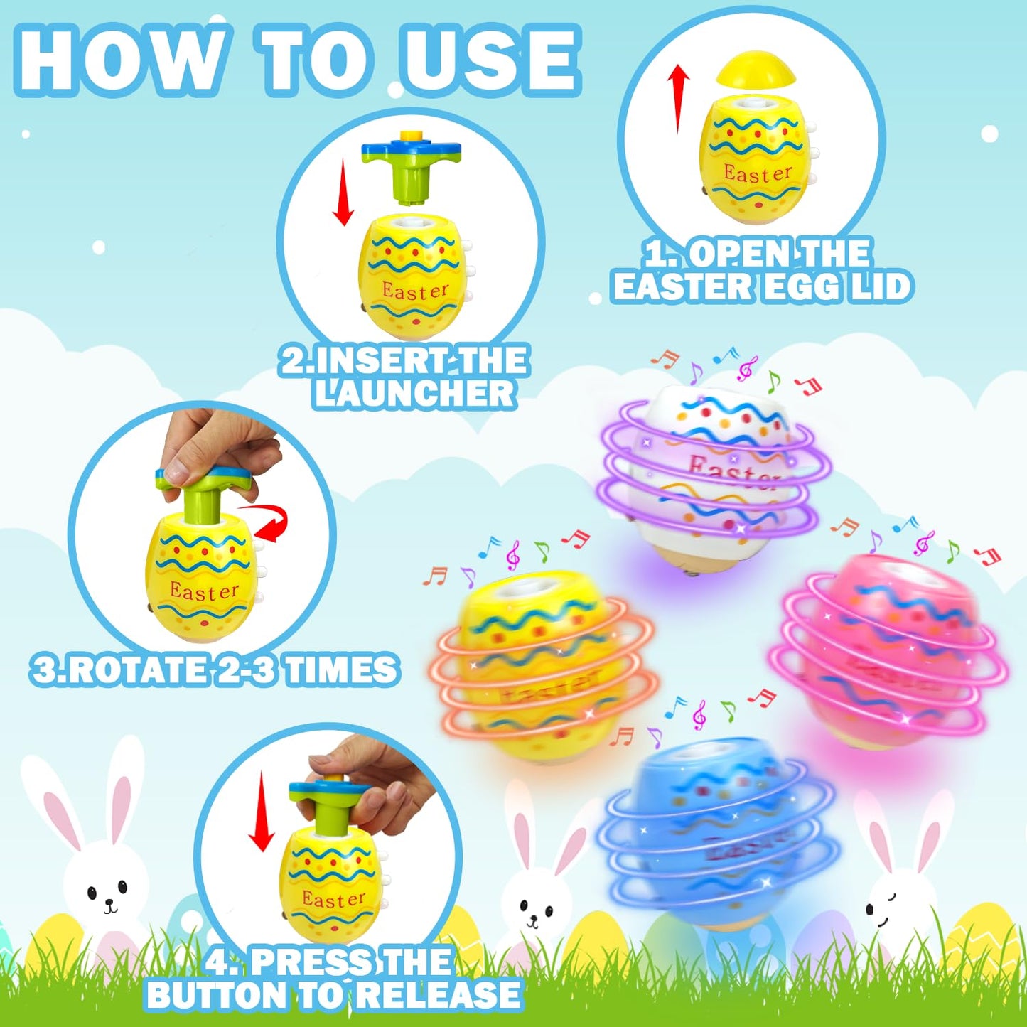 Easter Basket Stuffers Fillers For Toddlers 6 Pack,Light Up Easter Egg Spinning Top Toys With Music For Kids, Goodie Gift Bag St