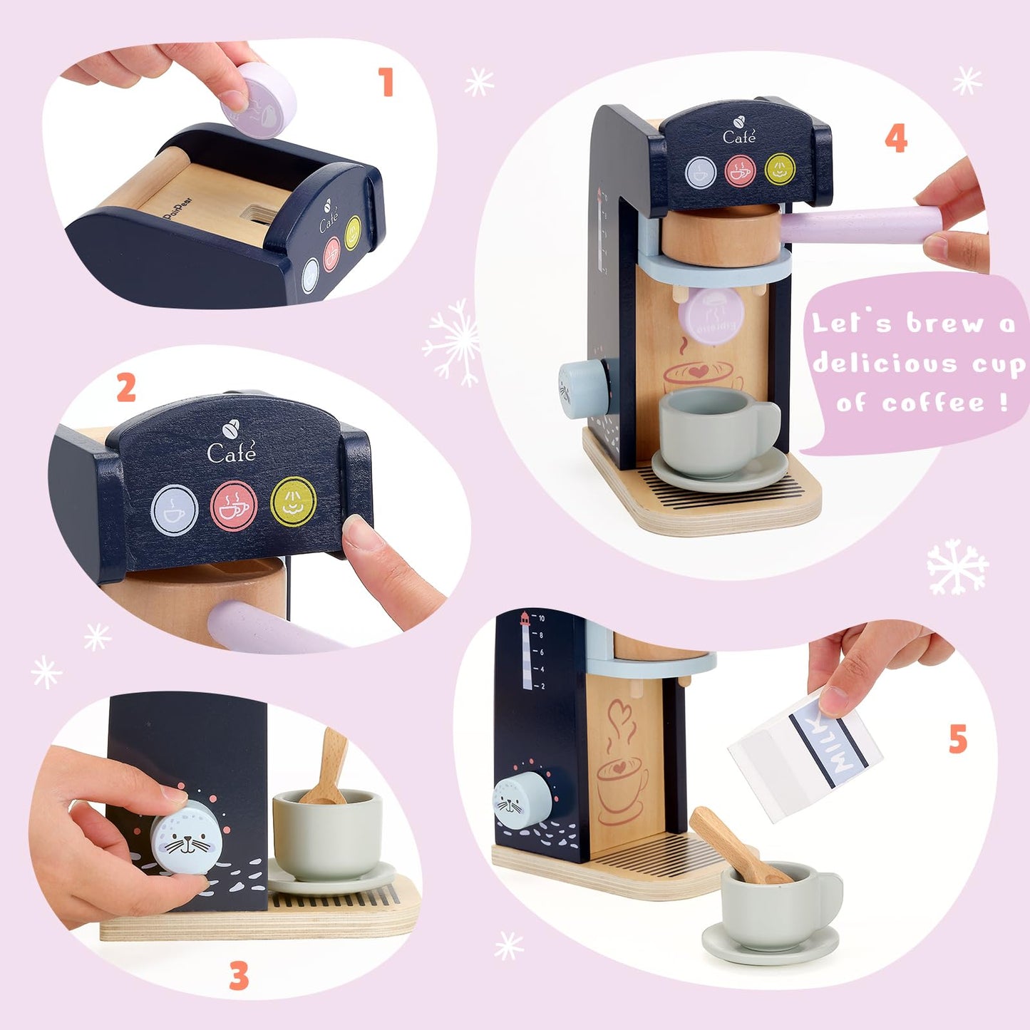 Pairpear Kids Coffee Maker Wooden Kitchen Playset, Wooden Toys Play Coffee Maker Set With Play Food For Kids, Toddler Play Kitch