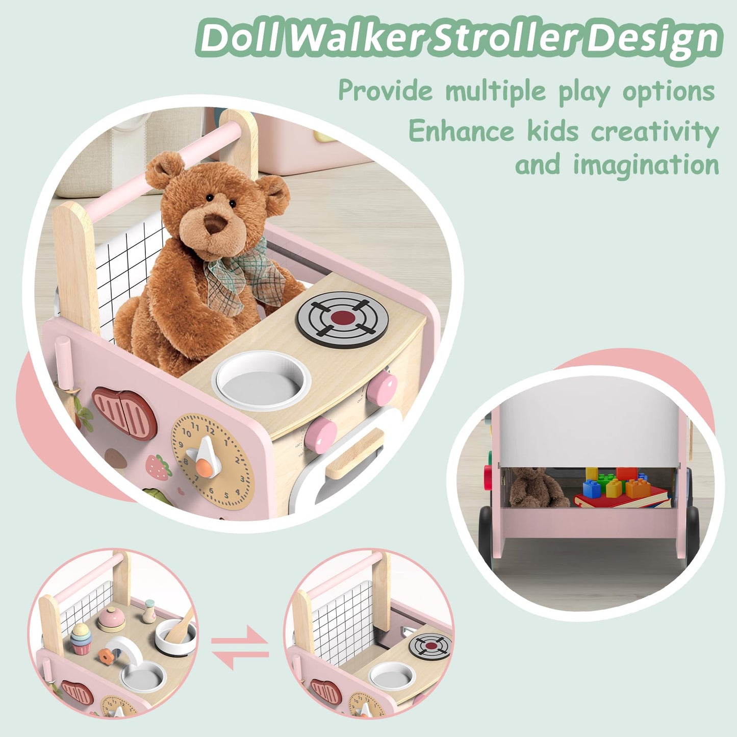 Wiqins Wooden Baby Walker 9-In-1 Activity Center With Toddlers Montessori Sensory Toys And Play Kitchen Push Walker For Kids Wit