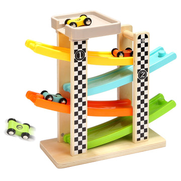 TOP BRIGHT Wooden Race Track Car Ramp for Toddlers - 4 Mini Cars, Toddler Race Track, Ramp Racer Suit, Ideal Gifts for 1-2 Year Olds