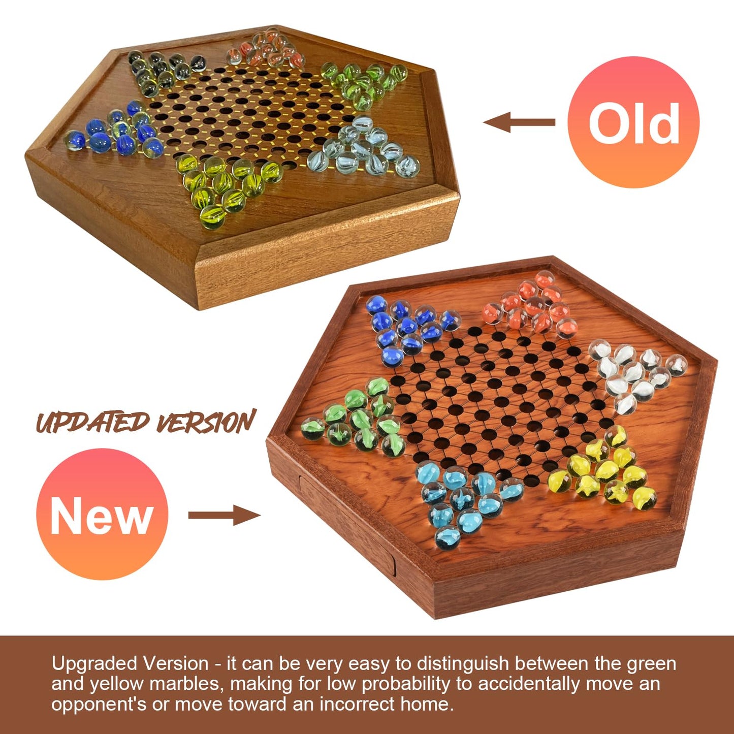 ALANGDUO Large 12.7" Wooden Chinese Checkers Set with 60+12 Glass Marbles, Dual-Sided Storage Drawer - Family Board Game for All Ages