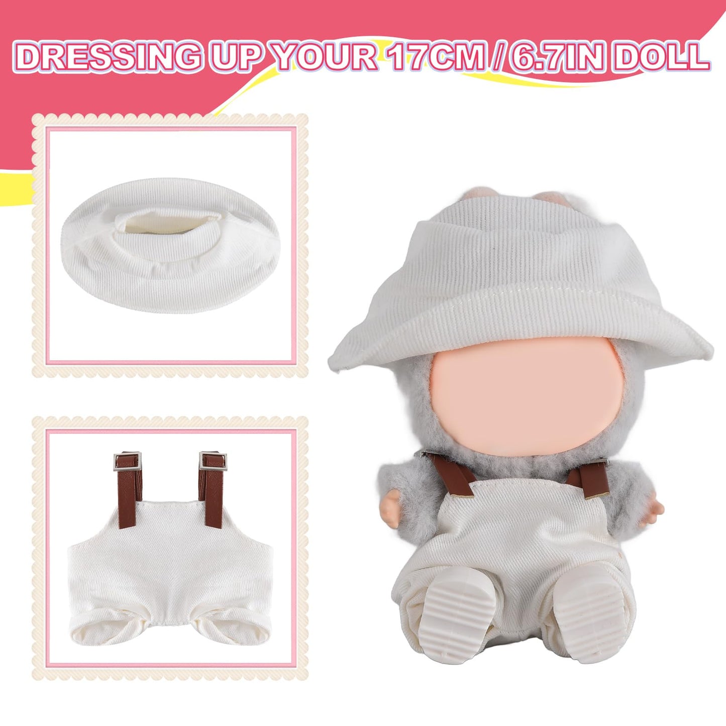 GDLSYLGHY Doll Clothes Set for Labubu  Elegant Outfits Suits Optimal for Your 5.9-6.7in Dolls Dressing Up  Clothing Accessories with Random Color Rain Boots(White Overalls Suit with Hat)