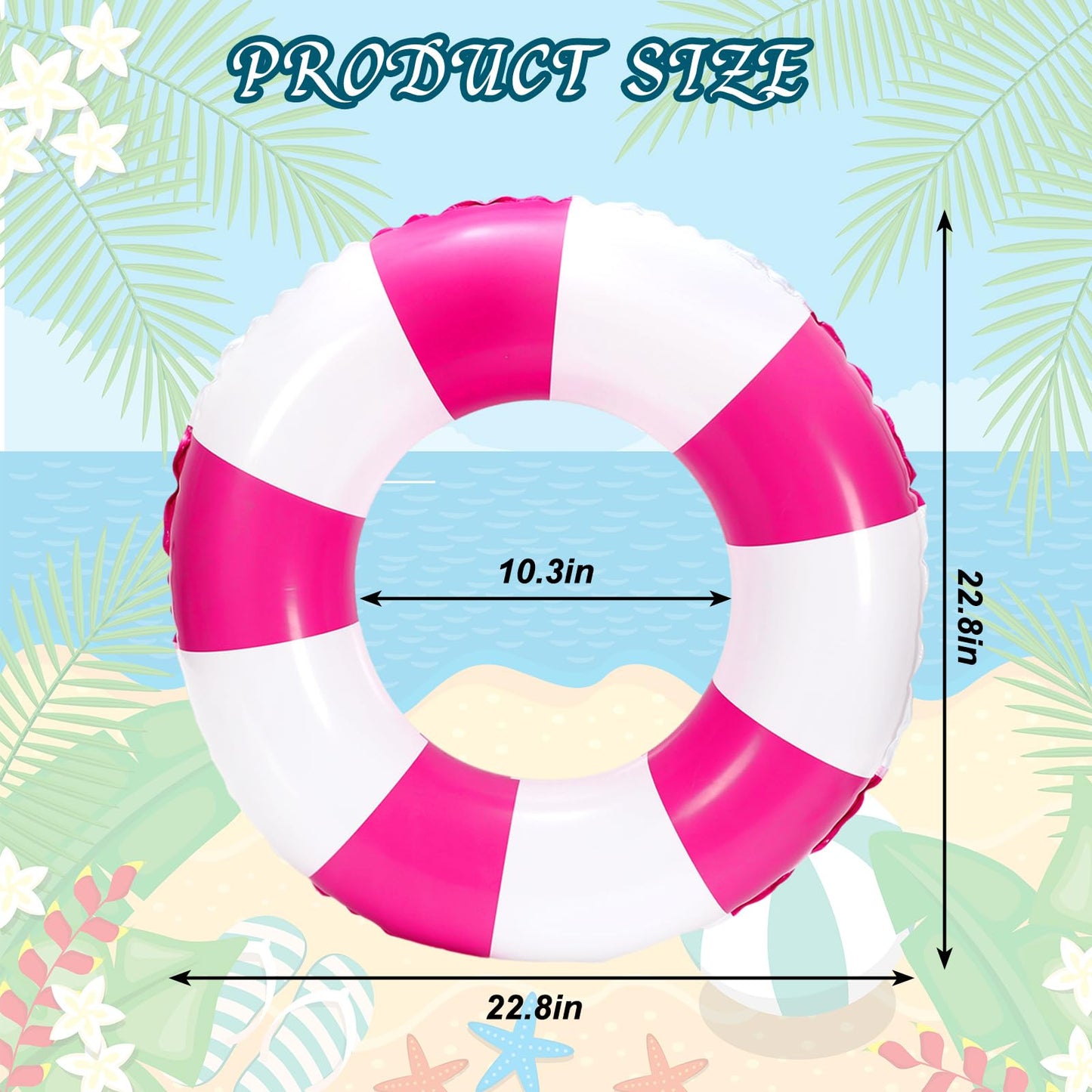 Whaline 4Pcs White Hot Pink Inflatable Swimming Float Toy Striped Swim Ring Fun Print Pool Lounger Tube for Teen Boy Girl Summer Swimming Beach Party  22.8 Inch