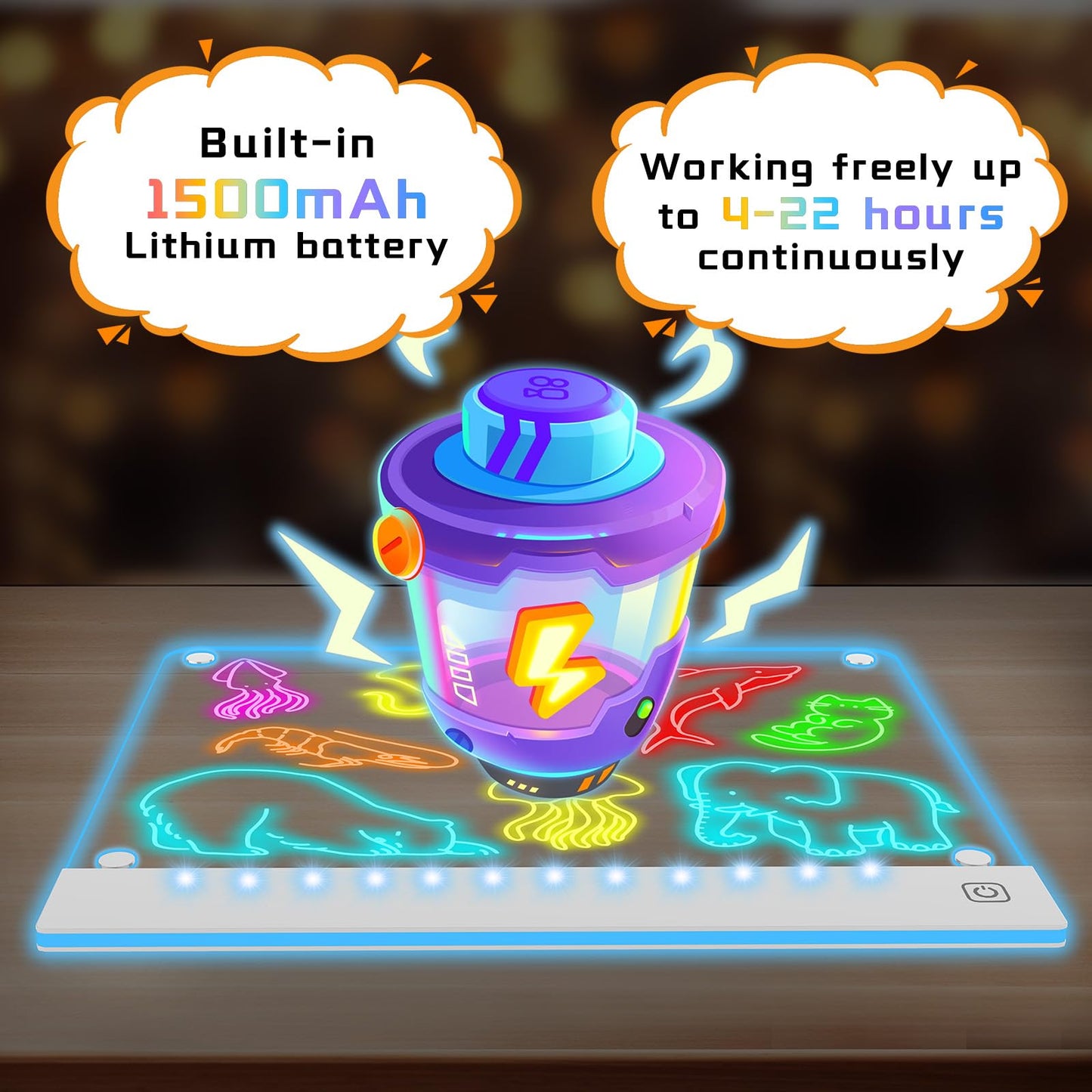 YONHAN Rechargeable LED Drawing Board - Multi-color Acrylic, 10"W x 12.6"H, Magnetic with 4 Magnets & Invisible Stand, Gift Toy for Kids/Girls