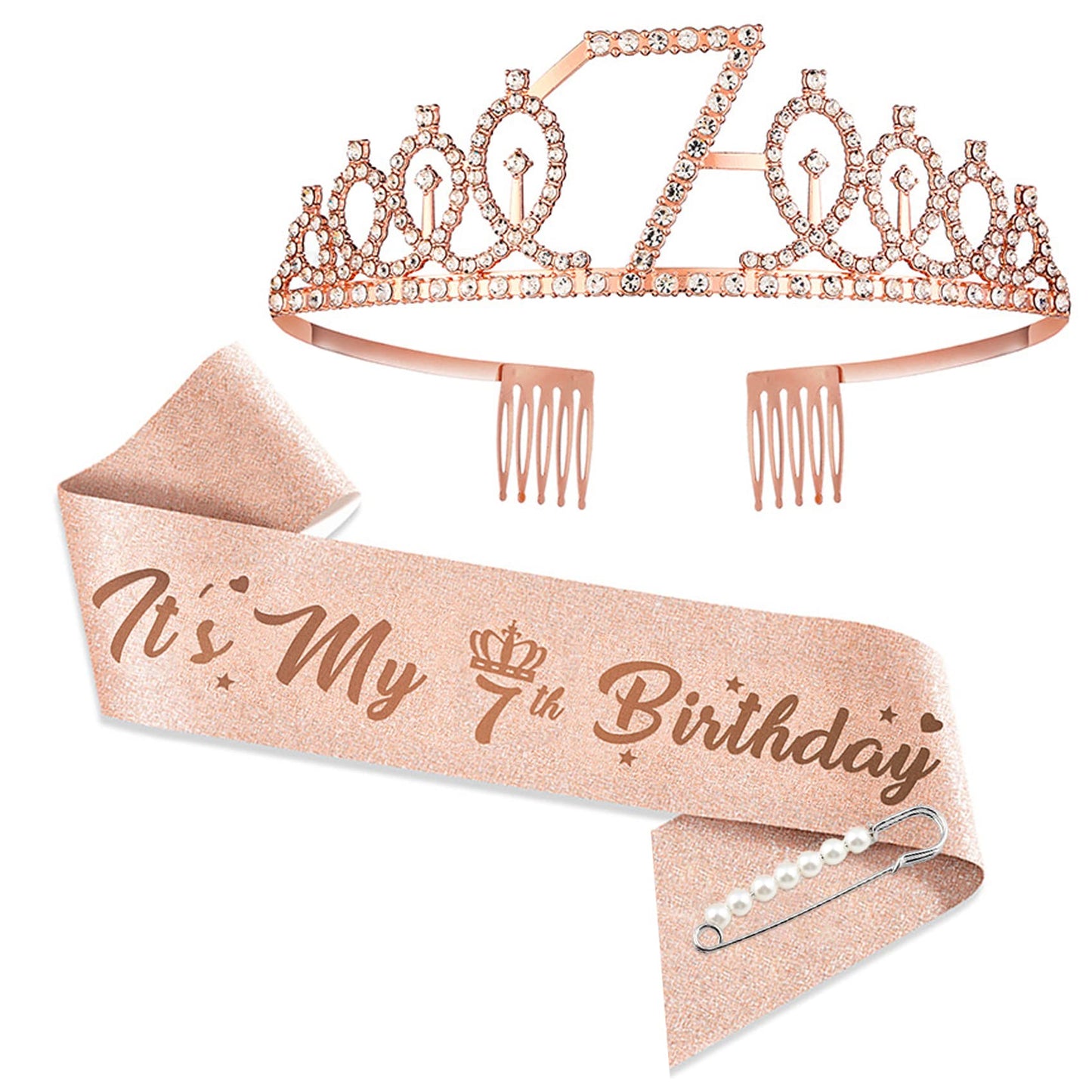 7Th Birthday Tiaras And Crowns For Women Girls, Birthday Decorations Rose Gold Sash Crystal Tiara Party Supplies