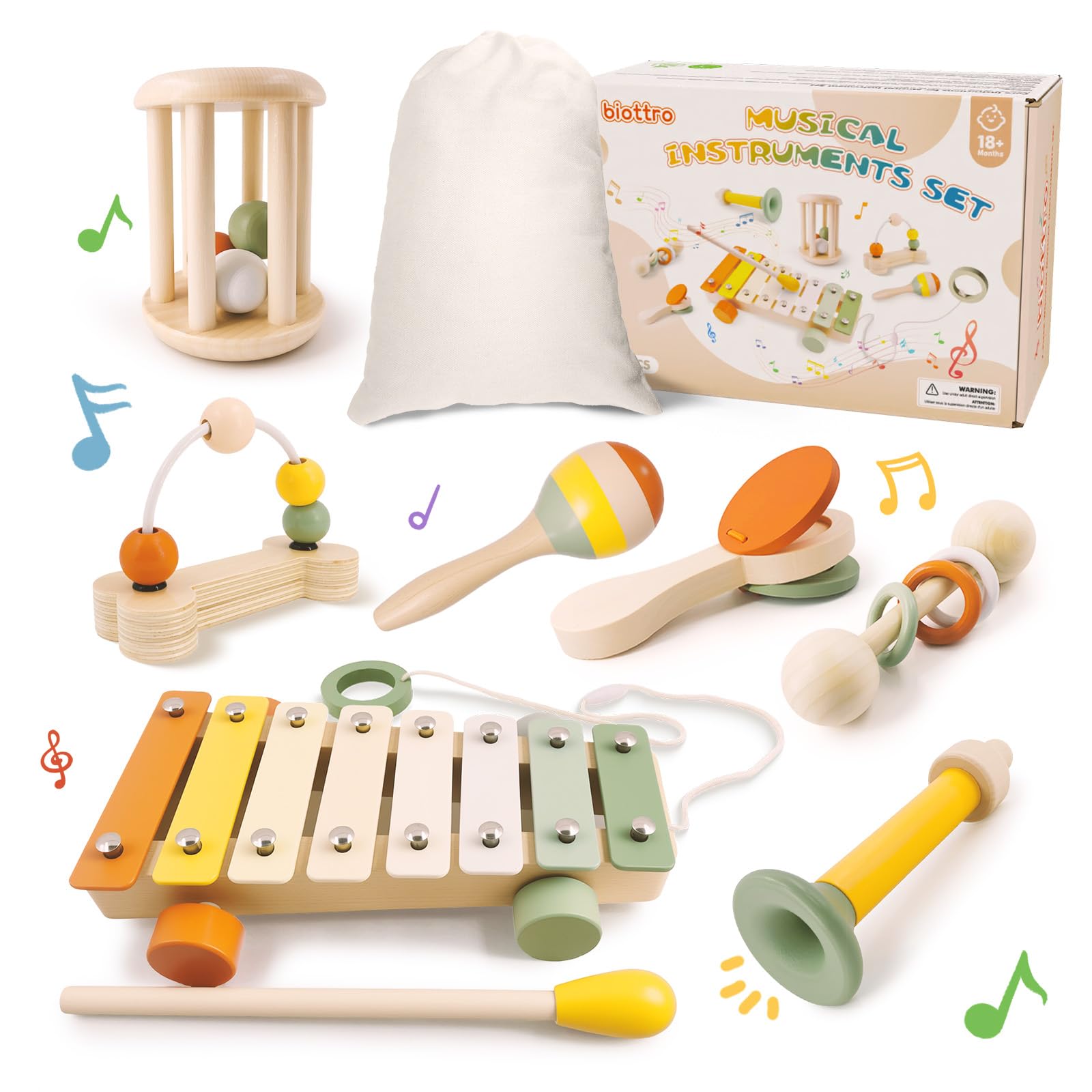 Musical Instruments 7PCS Baby Musical Toys for 18M+ Toddler Toys for 2 3 Years Old Boy Girl Wooden Xylophone Maraca Trumpet Ratt