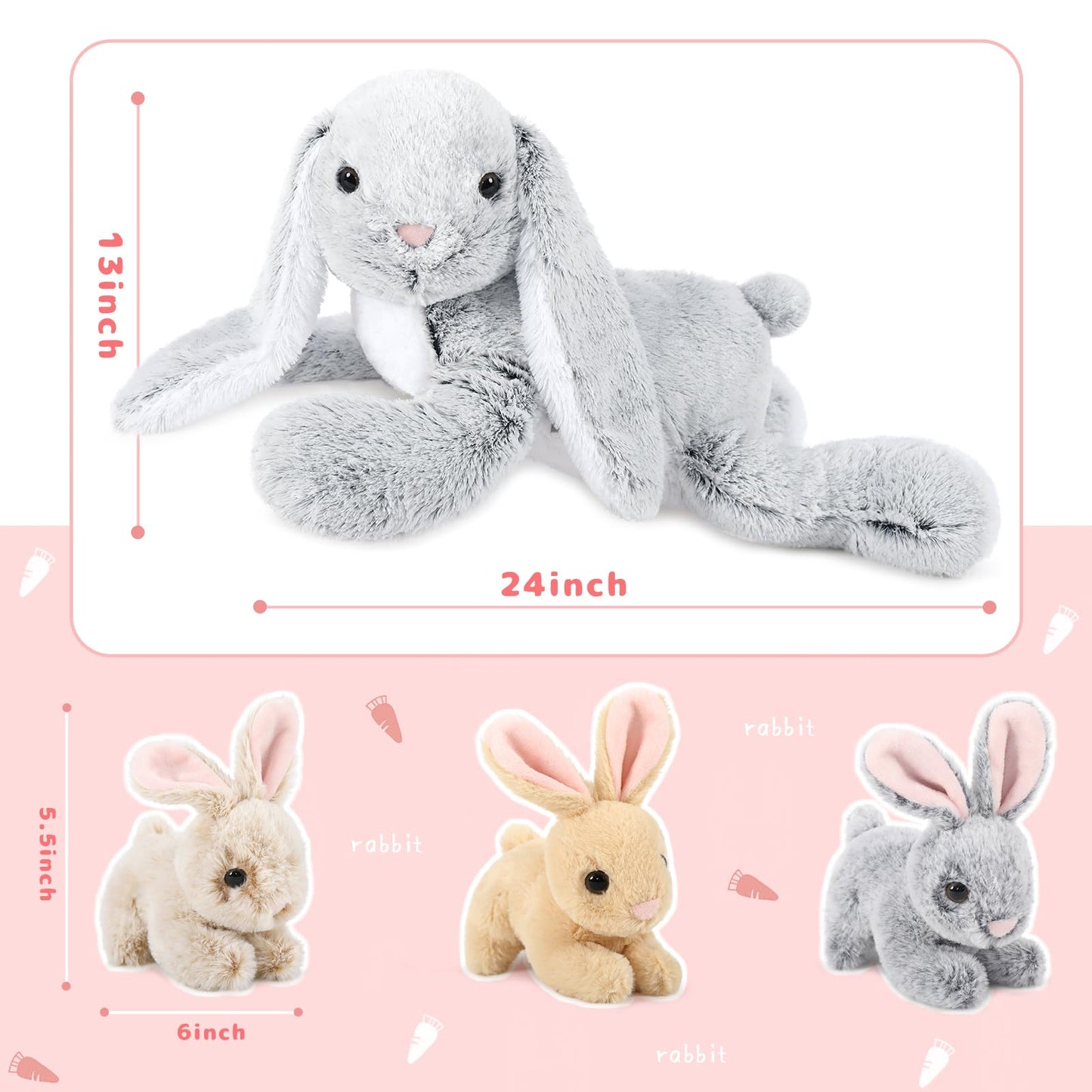 Beniny Large Bunny Stuffed Animal 24'' - 4Pcs Stuffed Bunny Rabbit Plush Toy Gifts For Kids - Cuddly Mommy Bunny Surprise With 3