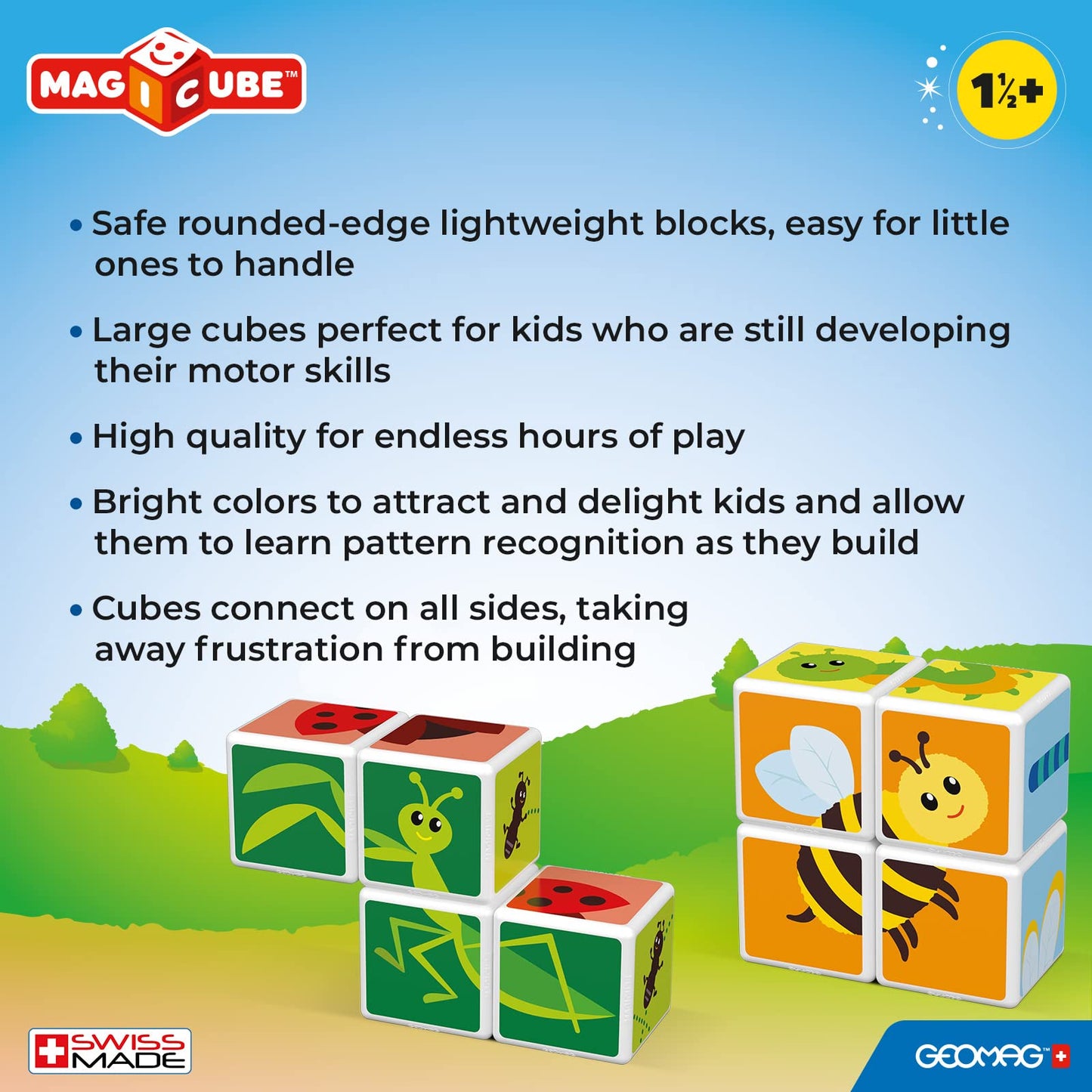 Geomag Magicube Small Animals 4-Piece Magnetic Stacking Cubes Building Set, Toddlers & Kids Ages 1.5+, Stem Educational Toy, Swiss-Made, Creativity, Imagination, Learning, 6 Adorable Building Ideas