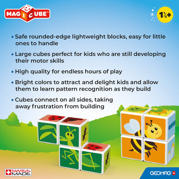 Geomag Magicube Small Animals 4-Piece Magnetic Stacking Cubes Building Set, Toddlers & Kids Ages 1.5+, Stem Educational Toy, Swiss-Made, Creativity, Imagination, Learning, 6 Adorable Building Ideas