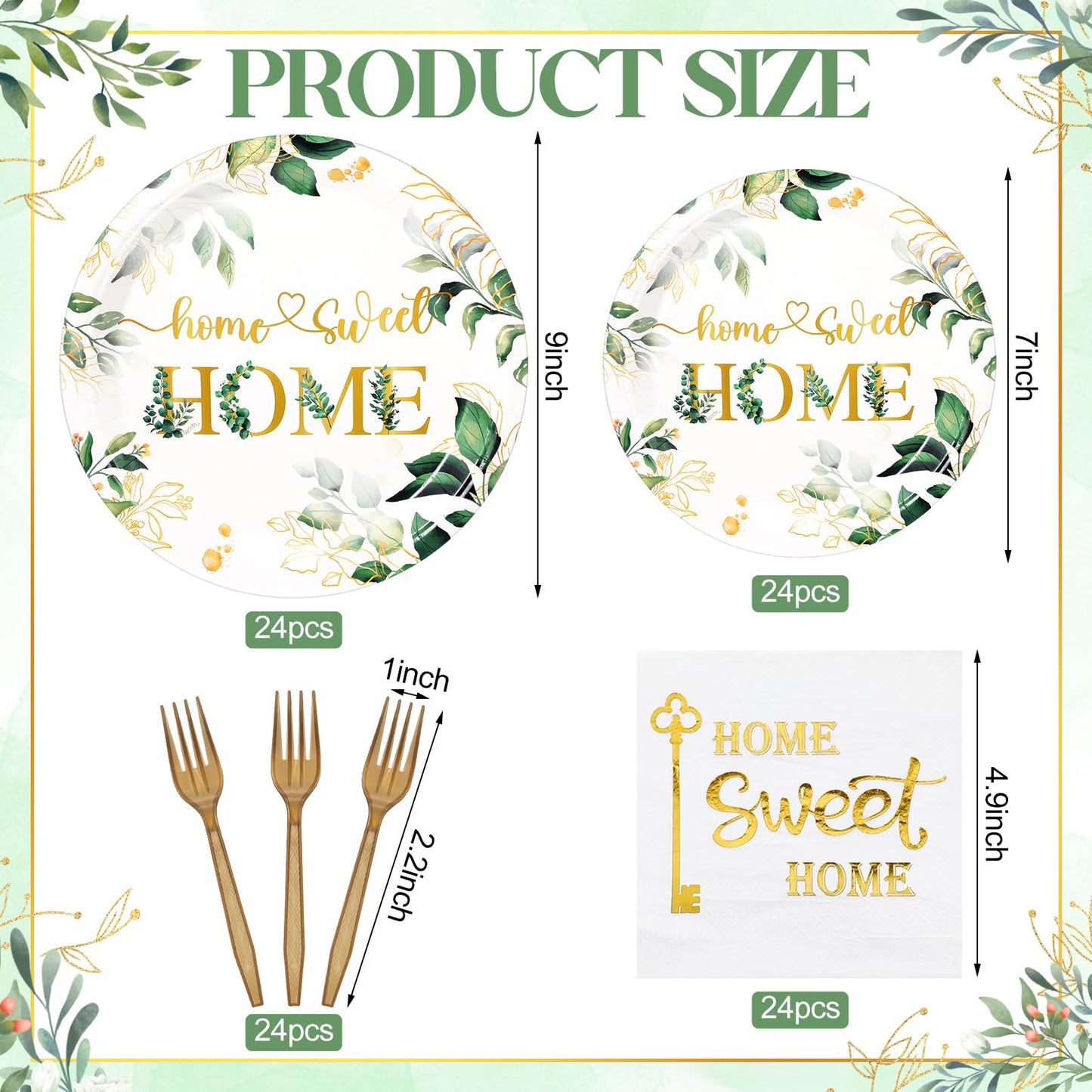 Zubebe 24 Set Housewarming Party Supplies Disposable Greenery Home Party Tableware Set Including 48 Pcs Green Leaves Paper Plate