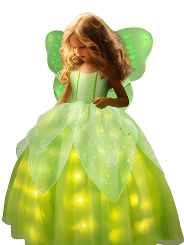 Uporpor Light Up Fairy Dress With Wings Green Princess Costume For Little Girls Kid Halloween Dress Up Clothes Party Dress, 100