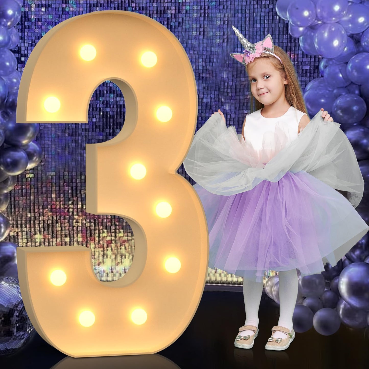 4Ft Large Light Up Numbers, Giant Marquee Numbers 3 For 3Rd 13Rd 30Th Birthday Decorations, Big Light Up Numbers For Party Anniv