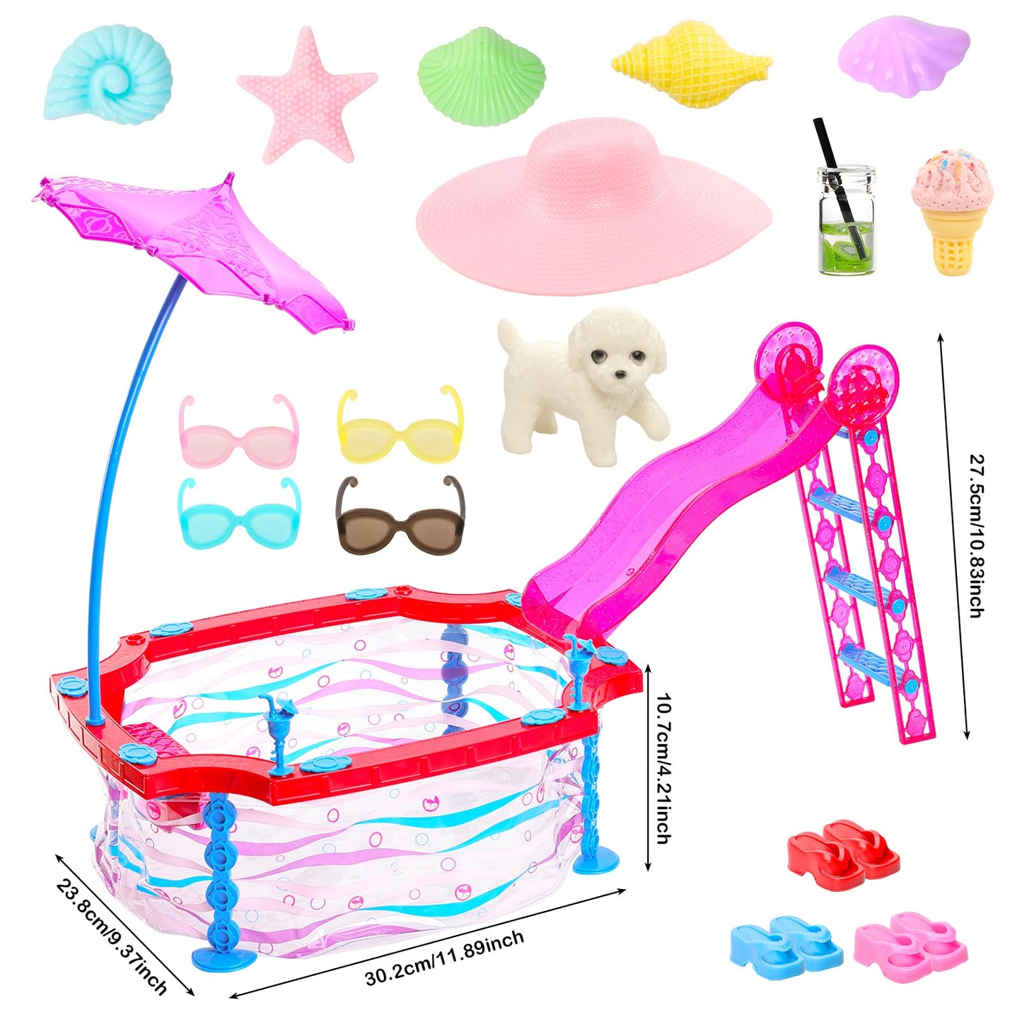 Doll Summer Pool Playset, Doll Glam Swimming Pool With Slide Accessories Includes Mermaid Swimsuit, Swimwear, Chair, Glasses, To