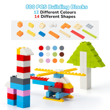 Wyswyg Building Bricks 500 Piece Block Set, Compatible With All Major Brands For Kids Up To 6 Years Old 8 Classic Colors, 16 Bulk Shape